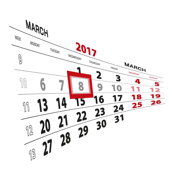 8 Marzo evidenziato sul calendario 2017. Settimana a partire da lunedì . — Vettoriale Stock