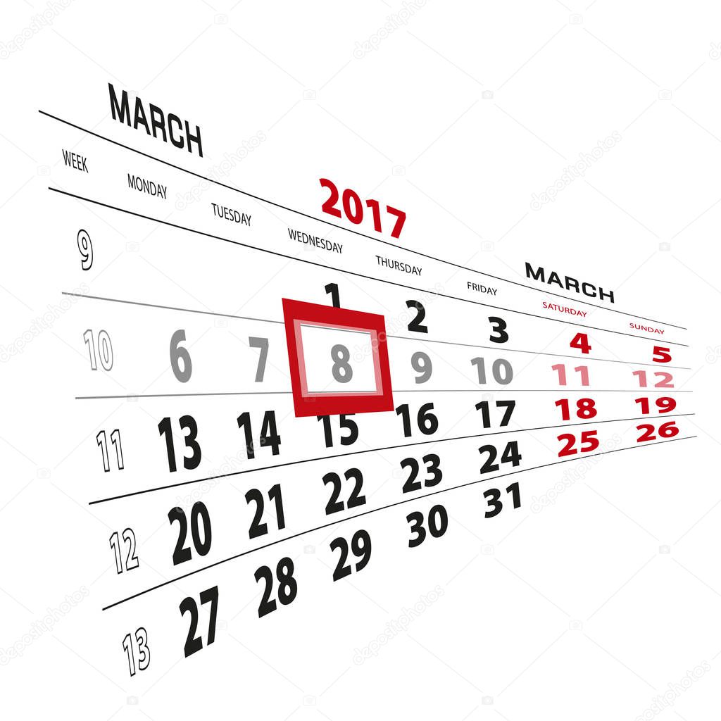 8 March highlighted on calendar 2017. Week starts from Monday.