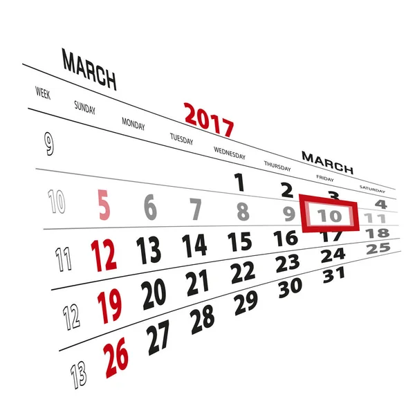 10 de marzo, resaltado en el calendario 2017 . — Vector de stock