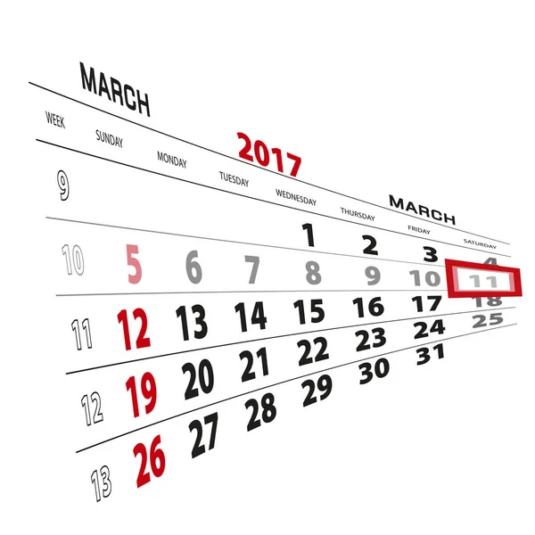 11 de março, destacado no calendário de 2017 . — Vetor de Stock