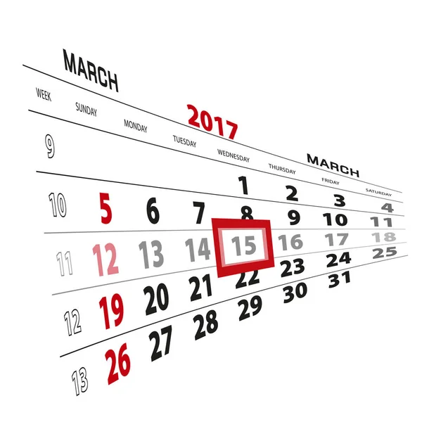 15 de marzo, resaltado en el calendario 2017 . — Vector de stock