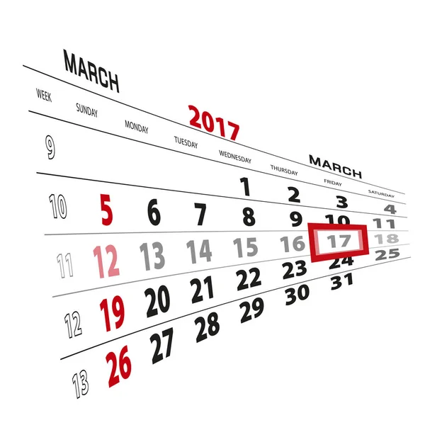 17 de marzo, resaltado en el calendario 2017 . — Vector de stock