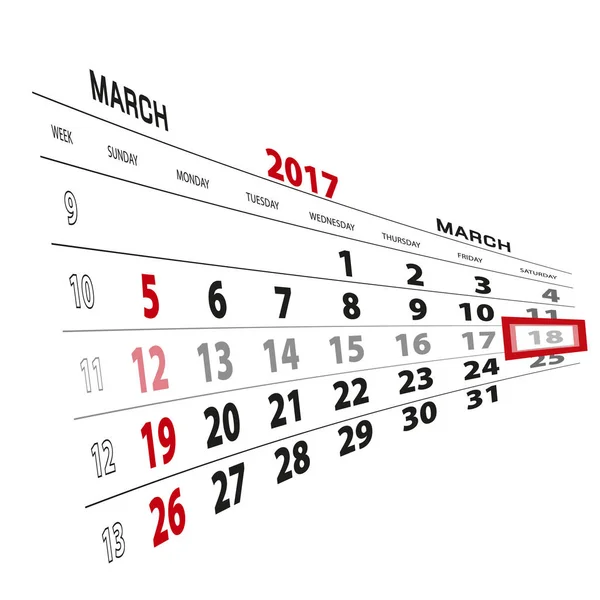 18 mars, mis en évidence sur le calendrier 2017 . — Image vectorielle