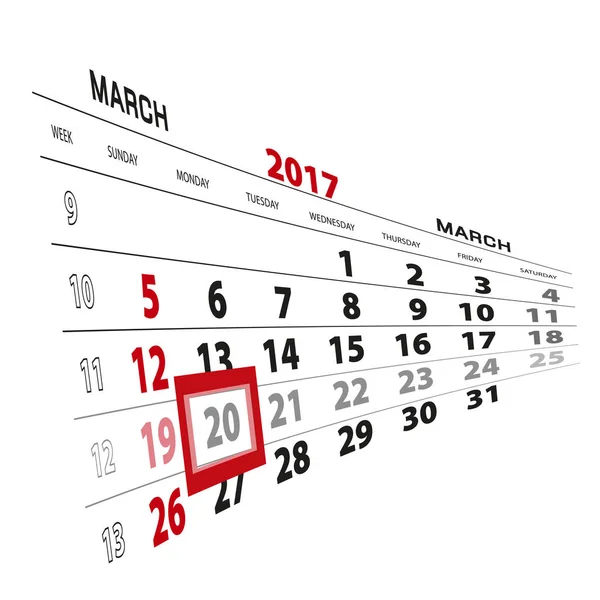 20 марта, выделено на 2017 календарь . — стоковый вектор