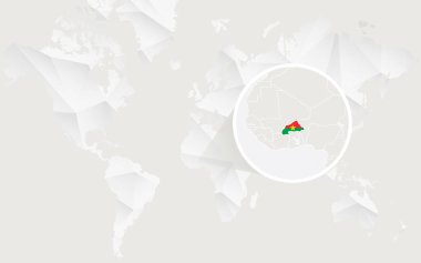 Kontur beyaz poligonal dünya haritası üzerinde bayrak Burkina Faso Haritası