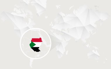 Sudan harita dağılımı beyaz poligonal dünya haritası üzerinde bayrak ile.