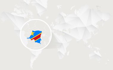 Demokratik Cumhuriyeti kontur beyaz poligonal dünya haritası üzerinde bayrağı ile Kongo Haritası. 