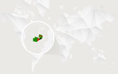 Kontur beyaz poligonal dünya haritası üzerinde bayrağı ile Zambiya Haritası.