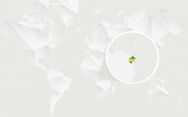 Kontur beyaz poligonal dünya haritası üzerinde bayrağı ile Gabon Haritası.