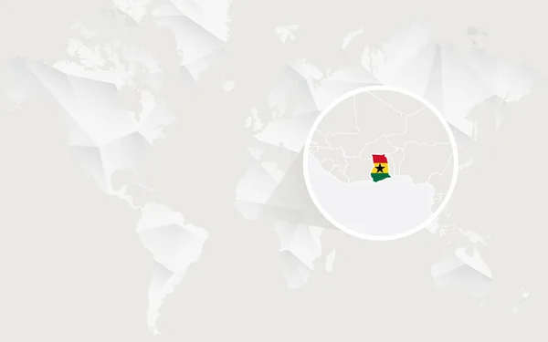 Kontur beyaz poligonal dünya haritası üzerinde bayrağı ile Gana harita. — Stok Vektör