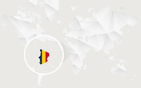Tsjaad kaart met vlag in contour op witte veelhoekige wereldkaart. — Stockvector