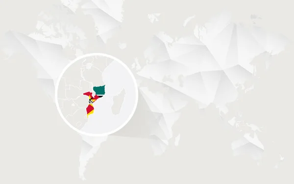 Kontur beyaz poligonal dünya haritası üzerinde bayrak Mozambik Haritası — Stok Vektör
