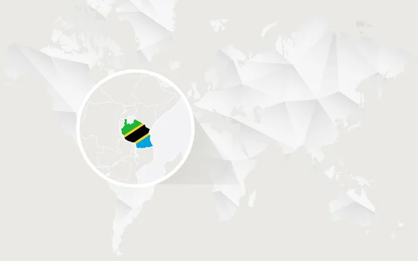 Tanzânia mapa com bandeira em contorno no mapa mundial poligonal branco . —  Vetores de Stock