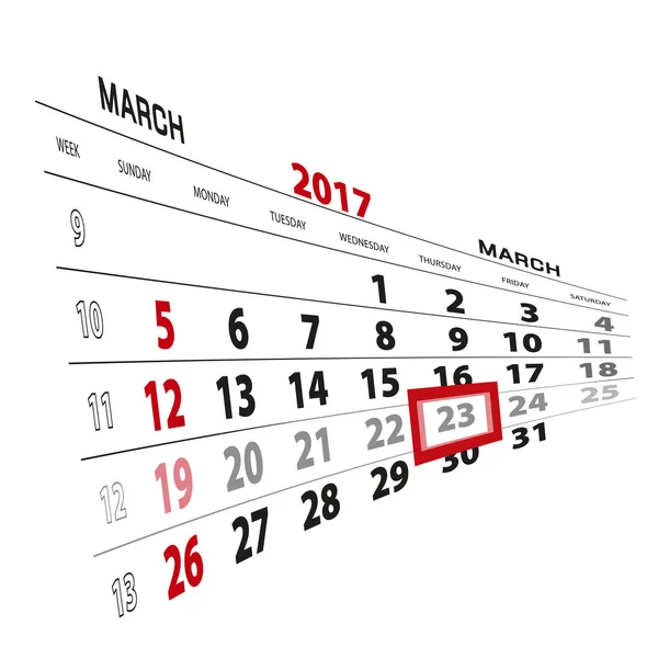 23 mars, mis en évidence sur le calendrier 2017 . — Image vectorielle