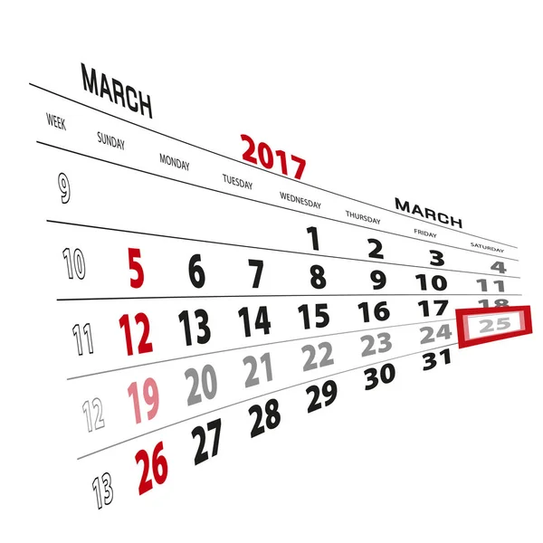 25 mars, mis en évidence sur le calendrier 2017 . — Image vectorielle