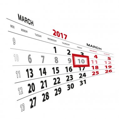 10 Mart takvim 2017 vurgulanır. Hafta Pazartesi başlıyor.