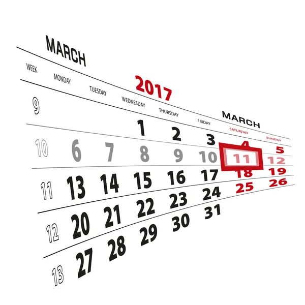 11 марта выделено в календаре 2017 года. Начало недели с понедельника . — стоковый вектор