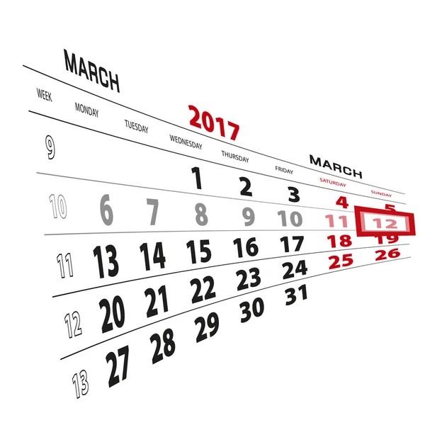 12 March highlighted on calendar 2017. Week starts from Monday. — Stock Vector