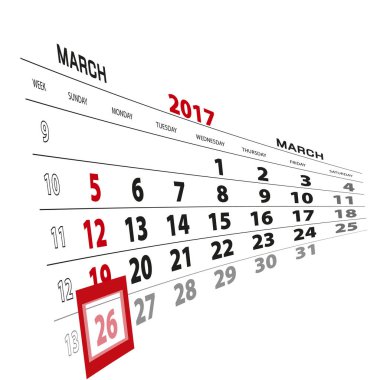2017 takvim üzerinde Mart 26, vurgulanan.