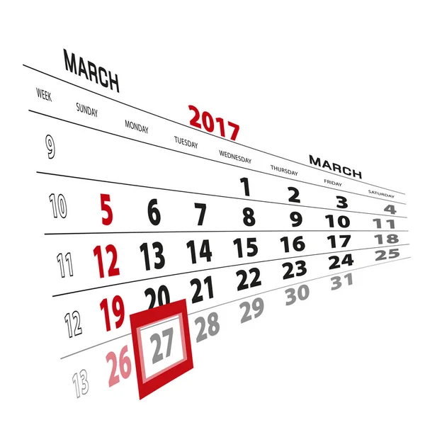 27 de marzo, resaltado en el calendario 2017 . — Archivo Imágenes Vectoriales