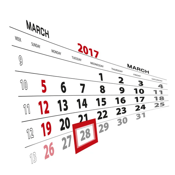 28 mars, mis en évidence sur le calendrier 2017 . — Image vectorielle