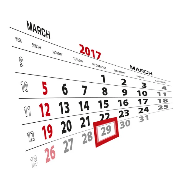 29 de marzo, resaltado en el calendario 2017 . — Vector de stock