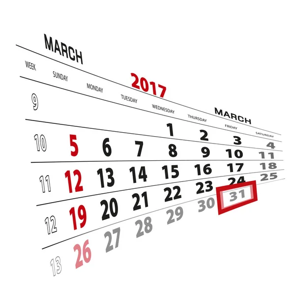 31 de marzo, resaltado en el calendario 2017 . — Vector de stock