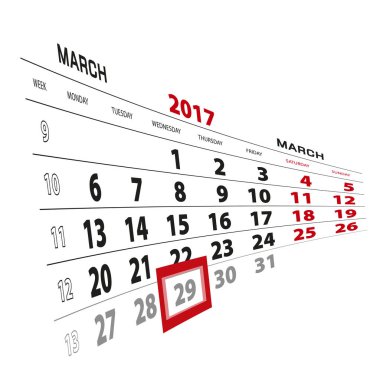 29 Mart takvim 2017 vurgulanır. Hafta Pazartesi başlıyor.
