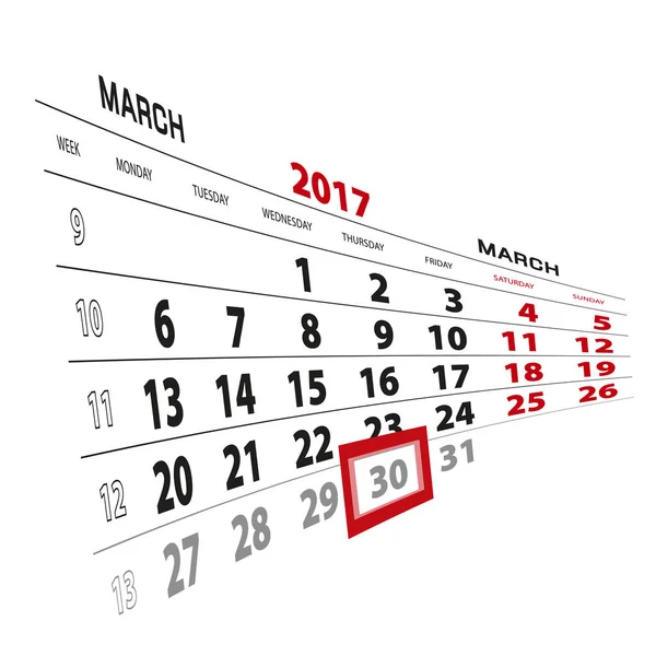 30 de marzo destacado en el calendario 2017. La semana comienza el lunes . — Vector de stock