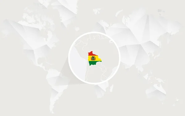 Βολιβία χάρτη με σημαία σε καμπύλη με λευκή πολυγωνική Παγκόσμιος Χάρτης. — Διανυσματικό Αρχείο