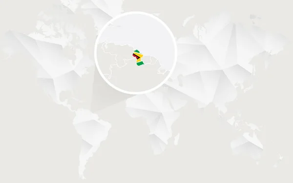 Gujana mapę z flagą w kontur na białym wielokątne mapa świata. — Wektor stockowy