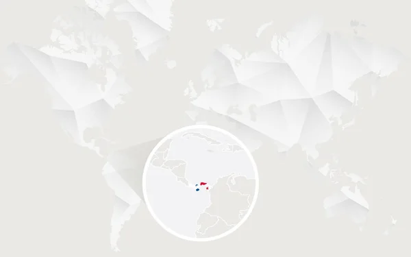 Panama mapę z flagą w kontur na białym wielokątne mapa świata. — Wektor stockowy