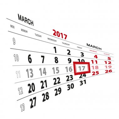 17 Mart takvim 2017 vurgulanır. Hafta Pazartesi başlıyor.