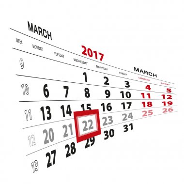 22 Mart takvim 2017 vurgulanır. Hafta Pazartesi başlıyor.