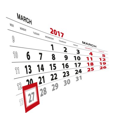 27 Mart takvim 2017 vurgulanır. Hafta Pazartesi başlıyor.
