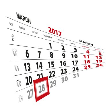 28 Mart takvim 2017 vurgulanır. Hafta Pazartesi başlıyor.