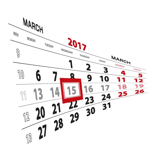 15 mars mis en évidence sur le calendrier 2017. La semaine commence à partir de lundi . — Image vectorielle