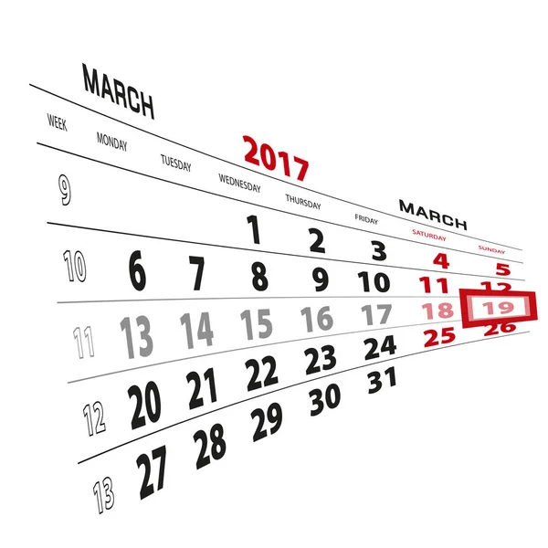 19 มีนาคมที่เน้นในปฏิทิน 2017 สัปดาห์เริ่มตั้งแต่วันจันทร์ . — ภาพเวกเตอร์สต็อก