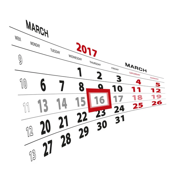 16 mars mis en évidence sur le calendrier 2017. La semaine commence à partir de lundi . — Image vectorielle