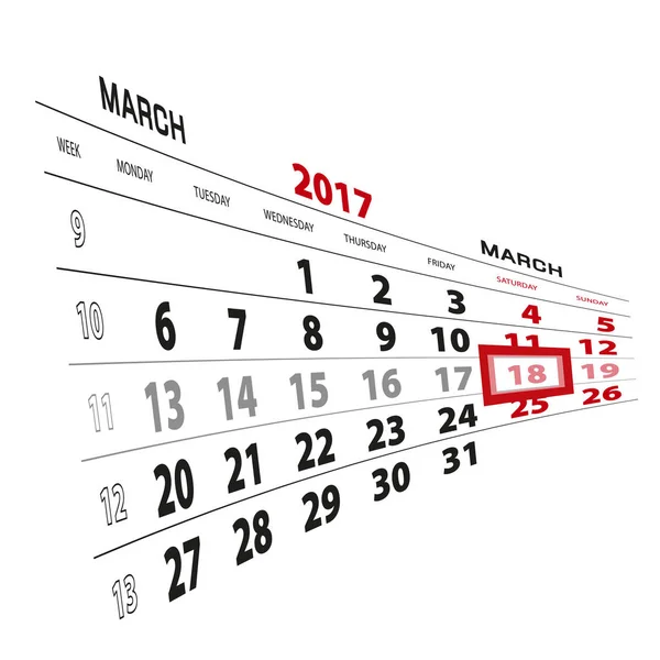 18 марта выделено в календаре 2017 года. Начало недели с понедельника . — стоковый вектор