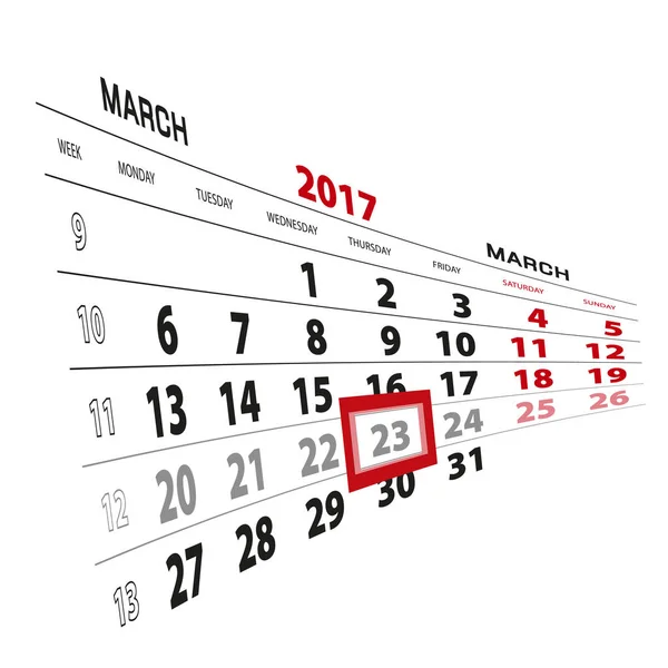 23 mars mis en évidence sur le calendrier 2017. La semaine commence à partir de lundi . — Image vectorielle