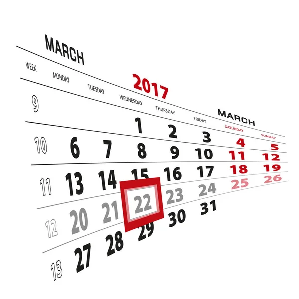 22 de março destacou no calendário 2017. Semana começa a partir de segunda-feira . — Vetor de Stock
