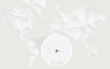 Kontur beyaz poligonal dünya haritası üzerinde bayrağı ile Dominik Cumhuriyeti haritası. 