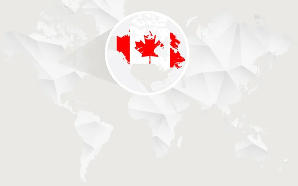 Καναδάς χάρτη με σημαία σε καμπύλη με λευκή πολυγωνική Παγκόσμιος Χάρτης. — Διανυσματικό Αρχείο