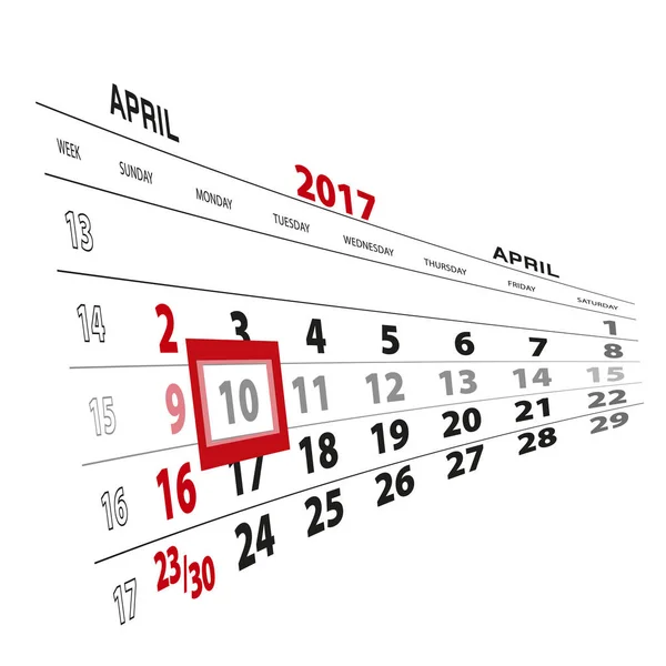 10 de abril, resaltado en el calendario 2017 . — Vector de stock
