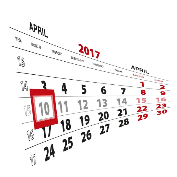 10 Abril destacado en el calendario 2017. La semana comienza el lunes . — Vector de stock