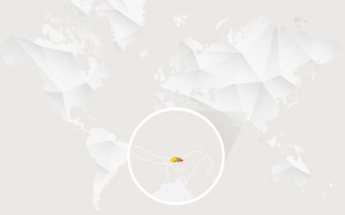 Kontur beyaz poligonal dünya haritası üzerinde bayrağı ile Bhutan Haritası.
