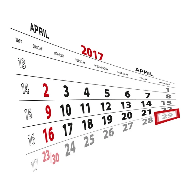 29 de abril, resaltado en el calendario 2017 . — Archivo Imágenes Vectoriales