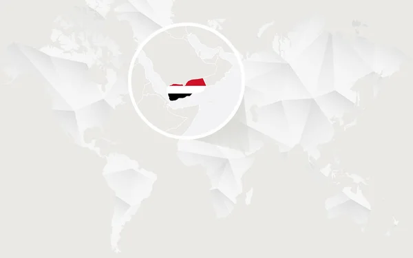 Jemen karta med flagga i kontur på vita polygonal världskarta. — Stock vektor