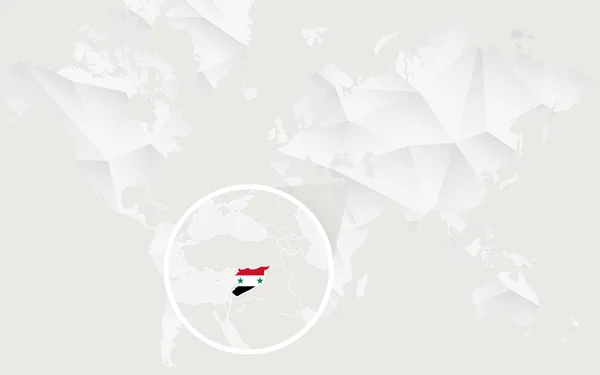 Syrienkarte mit Fahne in Kontur auf weißer polygonaler Weltkarte. — Stockvektor